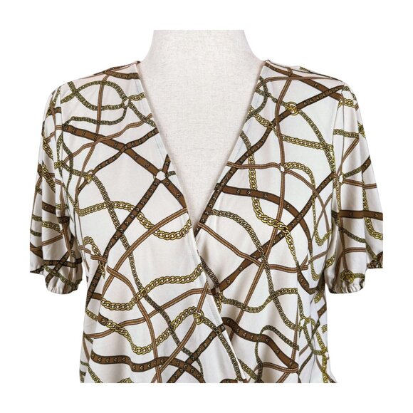 MICHAEL BY MICHAEL KORS BROWN AND WHITE BUBBLE HEM TOP, SIZE M - Picture 5 of 5